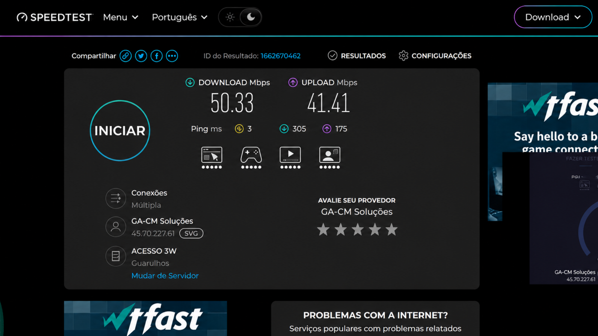 Resultado de teste de velocidade Speedtest realizado em conexão GA-CM Soluções