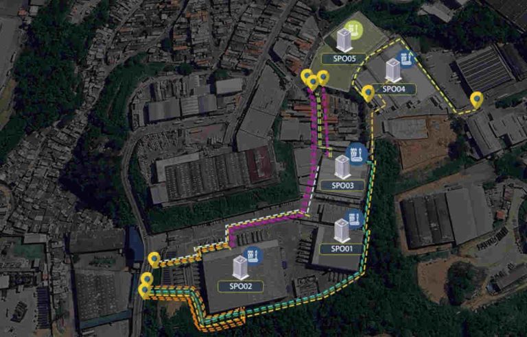 Mapa de rotas de interconexão entre cinco data centers